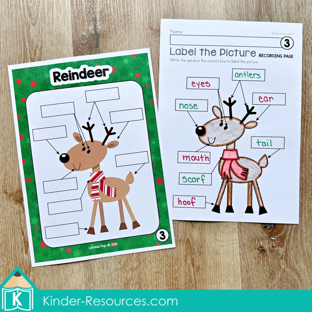 Reindeer labeling worksheet for Christmas Literacy Centers for Kindergarten featuring vocabulary words such as antlers nose ear scarf tail hoof