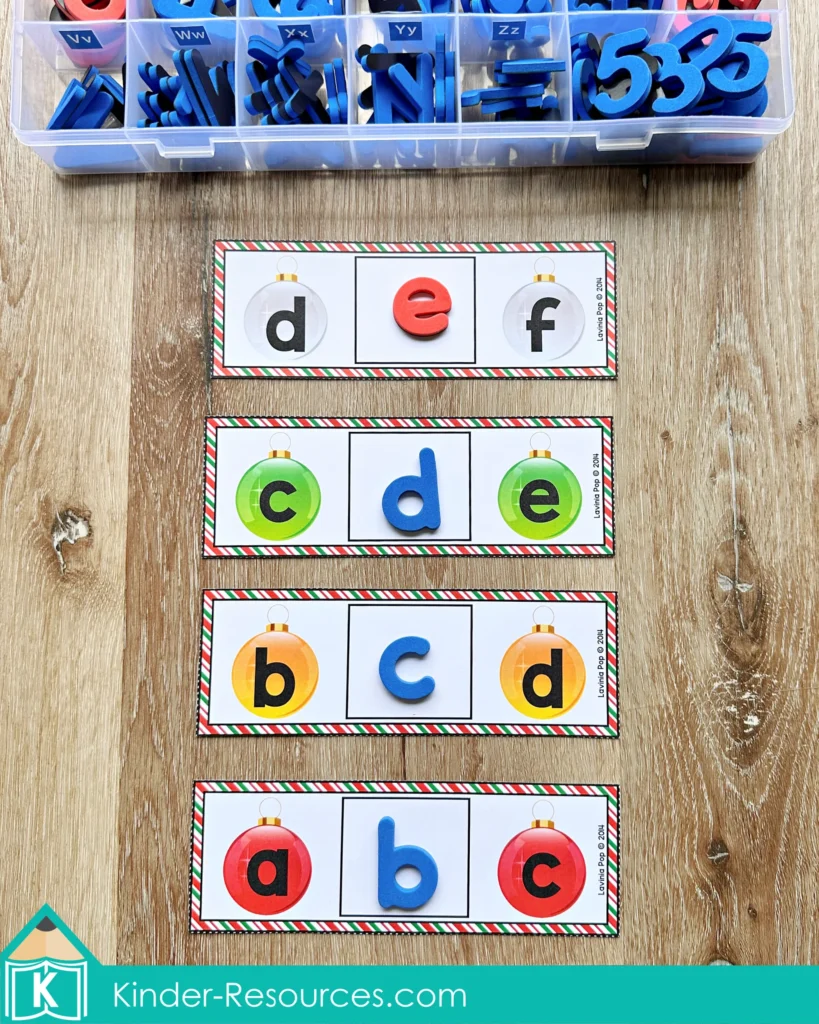 Alphabet ornament clip cards for Christmas Literacy Centers for Kindergarten focusing on matching letters in sequence