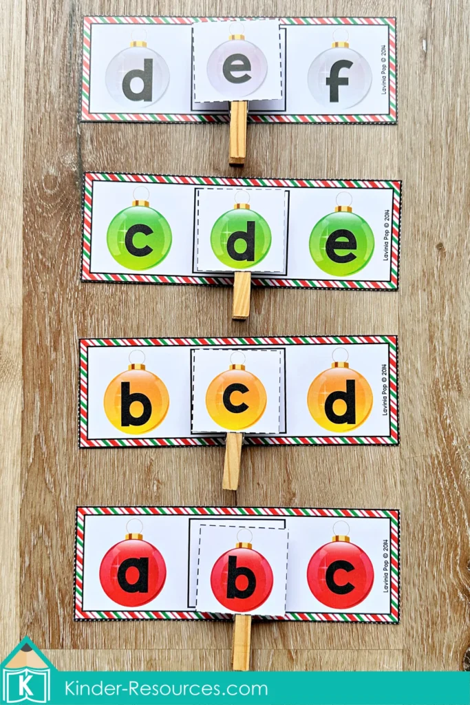 Alphabet ornament clip cards for Christmas Literacy Centers for Kindergarten focusing on matching letters in sequence