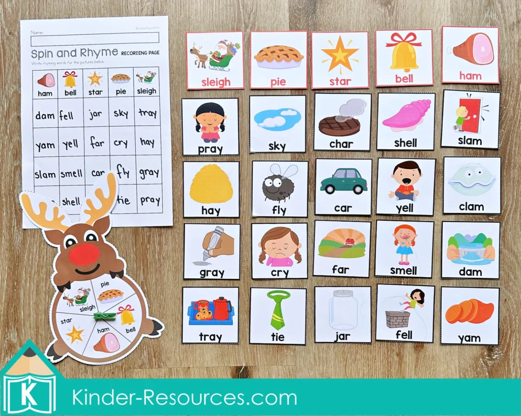 Christmas Literacy Centers for Kindergarten rhyming activity with reindeer spinner, rhyming picture cards, and recording sheet for phonological awareness.