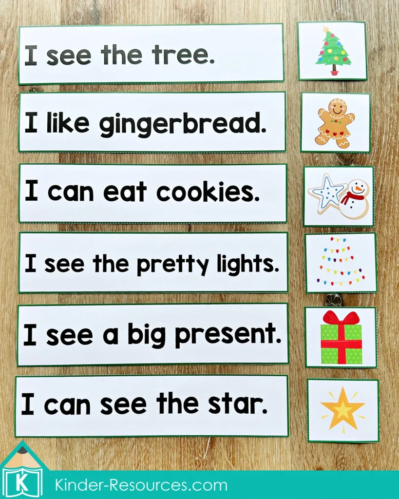 Christmas Literacy Centers for Kindergarten sentence strips with holiday images for reading comprehension and picture matching practice.