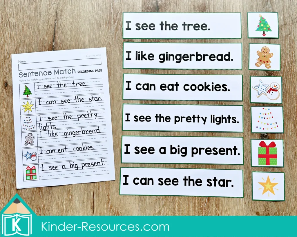 Christmas Literacy Centers for Kindergarten sentence matching activity with simple holiday sentences and picture cards for early reading fluency.