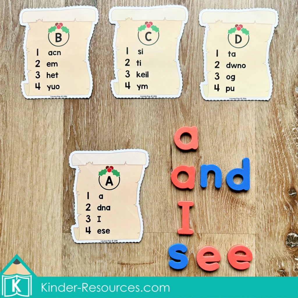 Christmas Literacy Centers for Kindergarten sight word scramble cards with mixed letters and foam letter pieces for building high-frequency words.