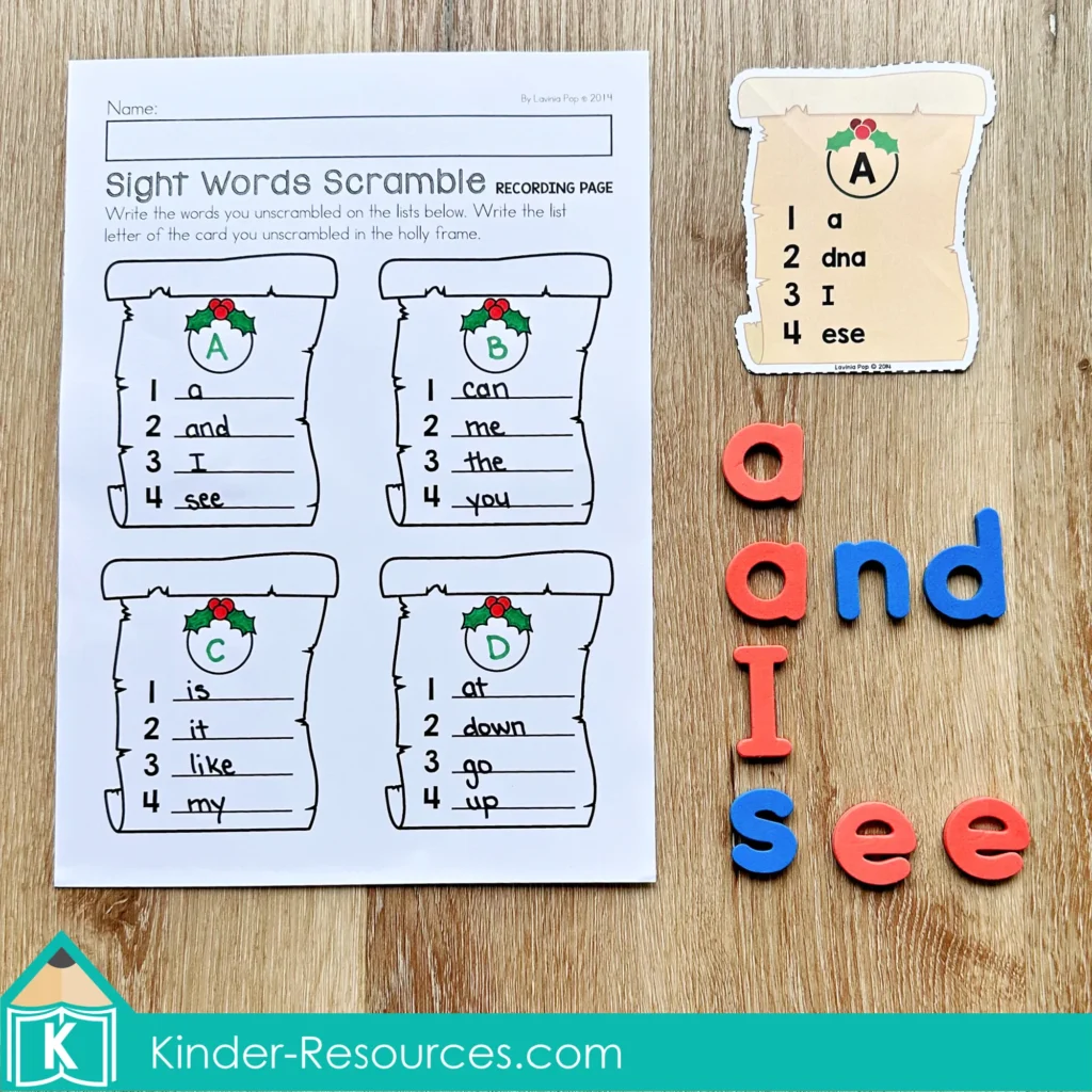 Christmas Literacy Centers for Kindergarten sight word recording page with unscrambled high-frequency words and matching holiday cards.