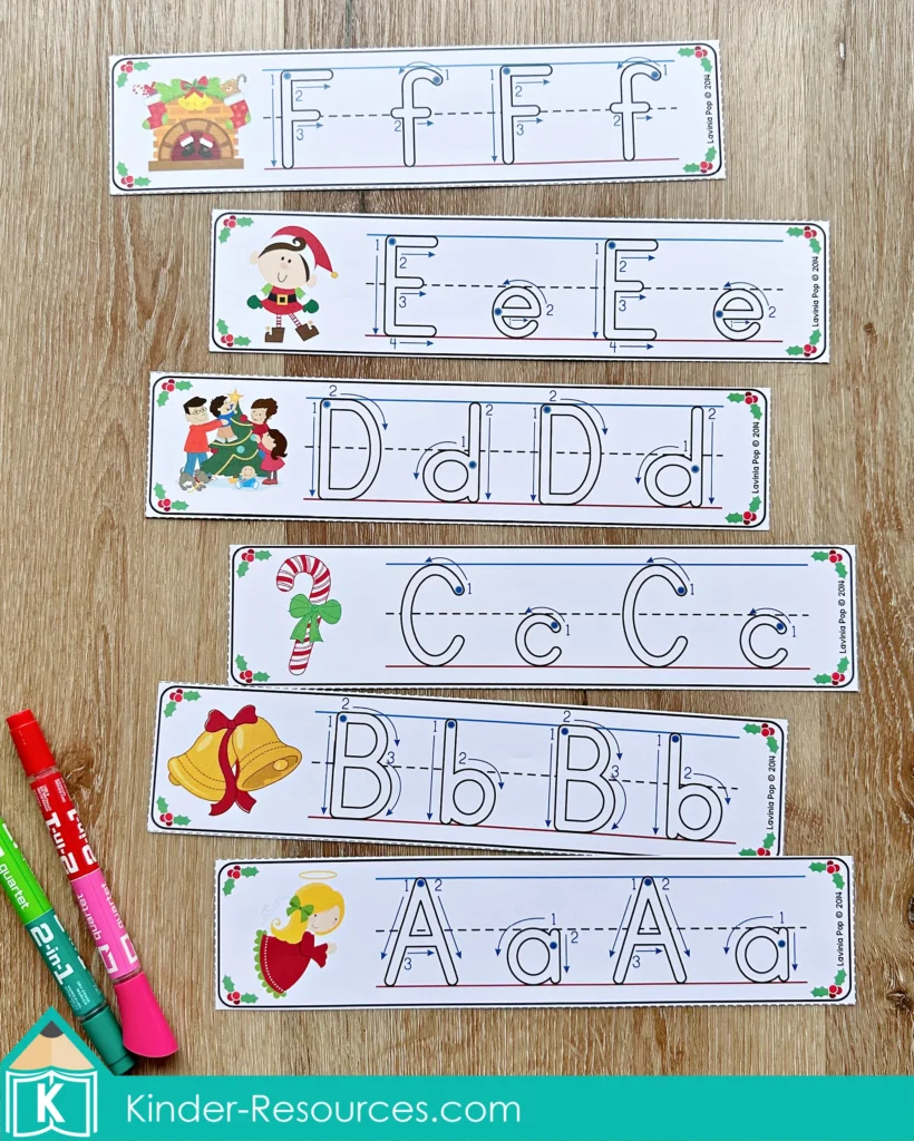 Christmas Literacy Centers for Kindergarten alphabet tracing strips with uppercase and lowercase letters A to F and themed holiday pictures for handwriting practice.