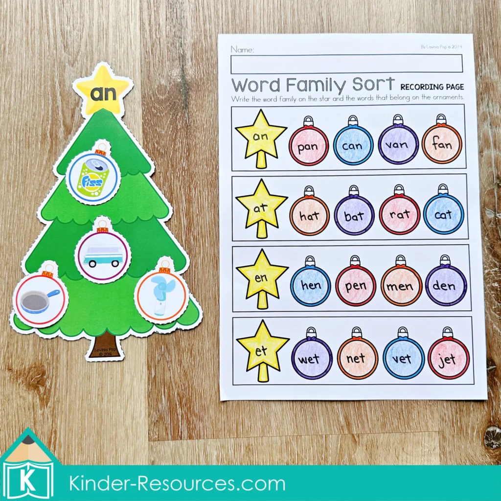 Christmas Literacy Centers for Kindergarten word family sort activity with a Christmas tree mat and recording page for sorting an, at, en, and et words