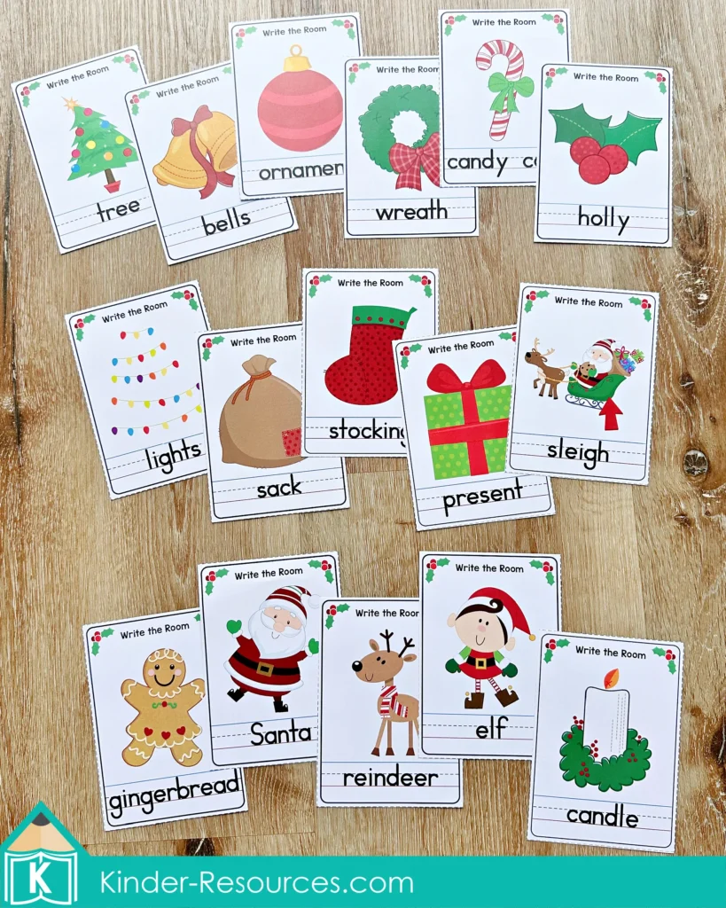 Christmas Literacy Centers for Kindergarten write the room cards with holiday vocabulary words like tree, bells, wreath, stocking, sleigh, Santa, reindeer, and gingerbread