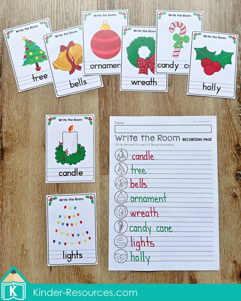 Christmas Literacy Centers for Kindergarten write the room cards with a recording sheet listing words like candle, tree, bells, ornament, wreath, candy cane, lights, and holly