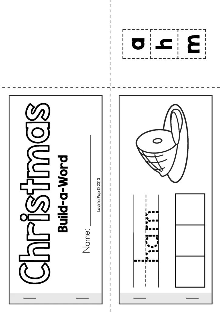 Kindergarten Christmas Worksheets build a word booklet page with picture prompts and cut and paste letters for spelling simple CVC words.