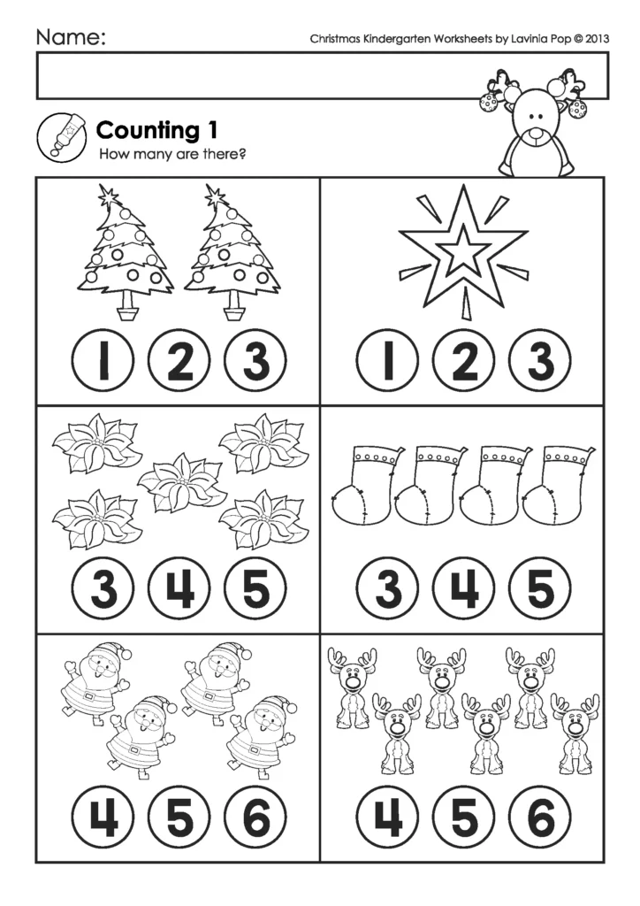 Kindergarten Christmas Worksheets counting activity with Christmas trees stars stockings Santa images and reindeer for students to choose the correct number.