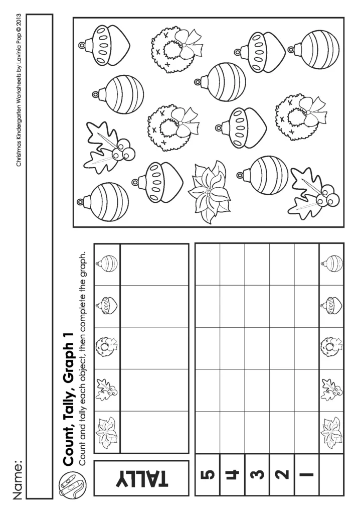 Kindergarten Christmas Worksheets count tally and graph activity with Christmas ornaments wreaths leaves and poinsettias for students to sort and record.
