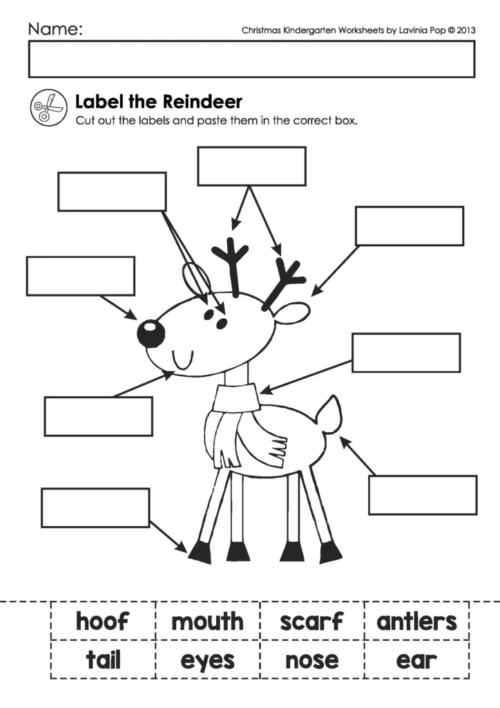 Kindergarten Christmas Worksheets label the reindeer cut and paste activity with boxes for antlers nose eyes ear tail and hoof.