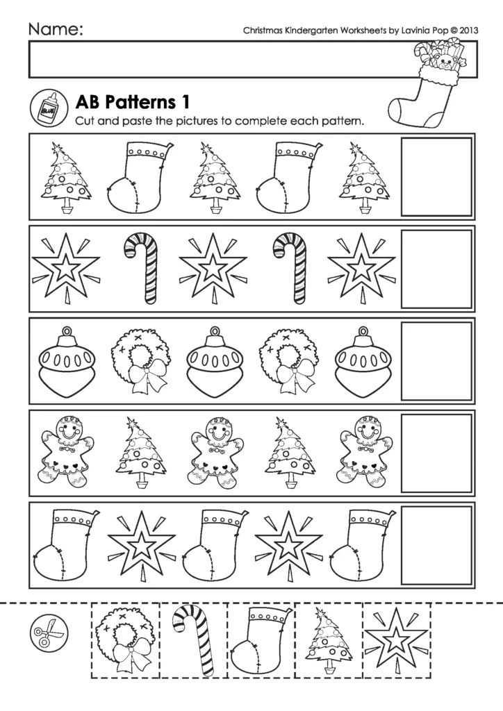 Christmas Kindergarten Worksheets and Activities AB pattern worksheet with cut and paste Christmas pictures to complete each pattern row