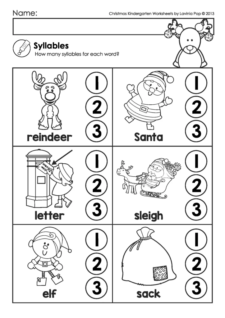Christmas Kindergarten Worksheets and Activities syllables worksheet with Christmas words and pictures for students to choose one two or three syllables