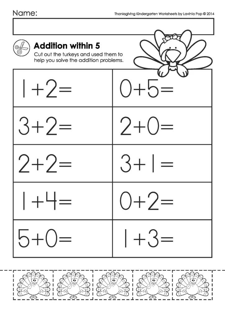 Free Thanksgiving addition worksheet for kindergarten using turkey manipulatives to solve addition within five equations.