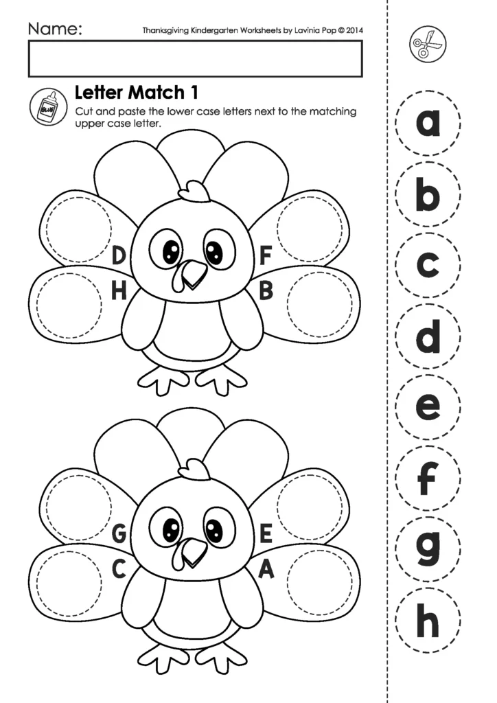 Free Thanksgiving alphabet matching worksheet for kindergarten featuring turkeys with uppercase and lowercase letter matching activity.
