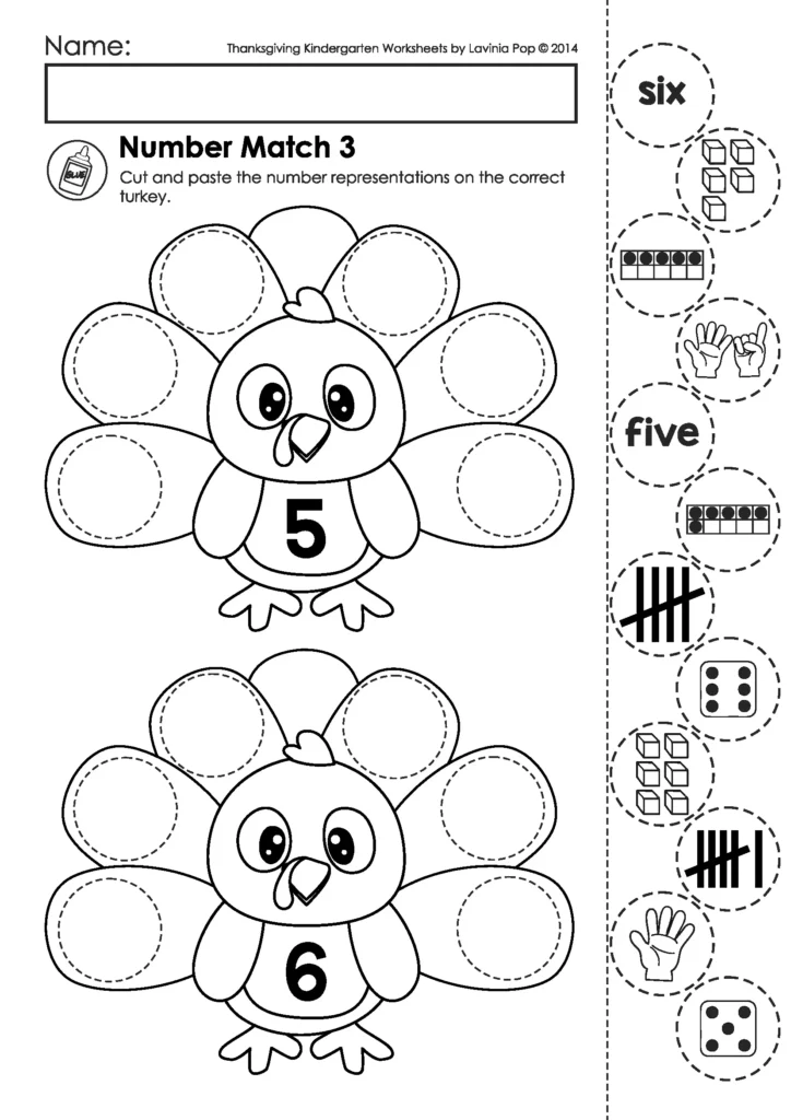 Free Thanksgiving turkey number sense worksheet for kindergarten matching numerals, ten frames, tally marks, and cubes.