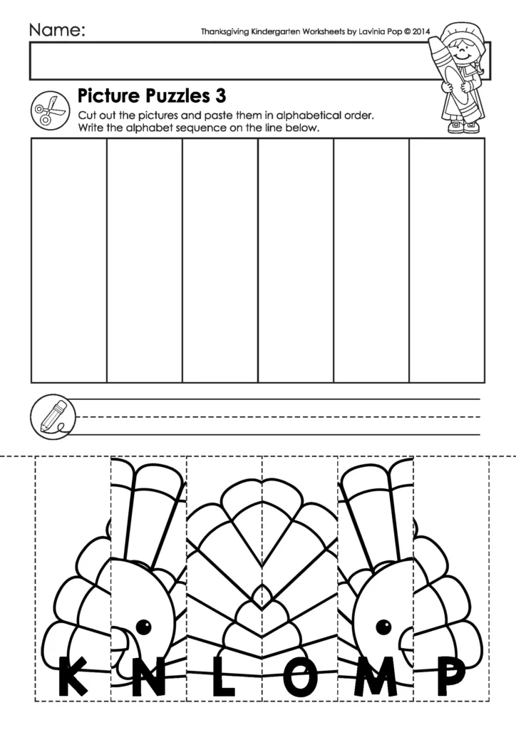Free Thanksgiving alphabet sequencing picture puzzle for kindergarten where children arrange letters in order to reveal a hidden image.