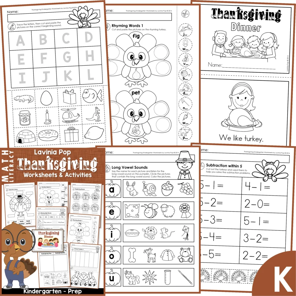 Thanksgiving Kindergarten Worksheets and Activities packet including rhyming turkeys, long vowel sound worksheets, subtraction within 5, and a Thanksgiving Dinner emergent reader for Kindergarten and Prep classrooms.