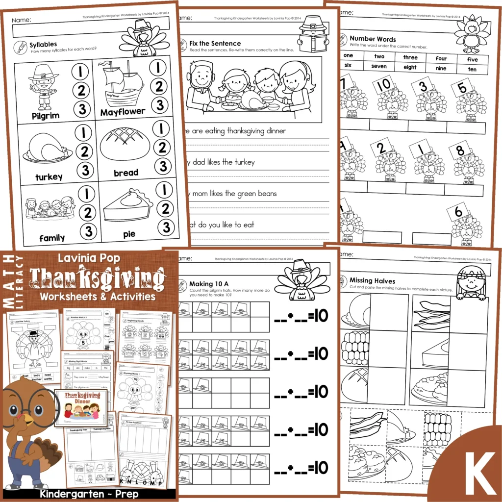Thanksgiving Kindergarten Worksheets and Activities pages showing syllables, fix-the-sentence handwriting practice, number words, making 10 with ten frames, and missing halves cut-and-paste activities for Kindergarten students.