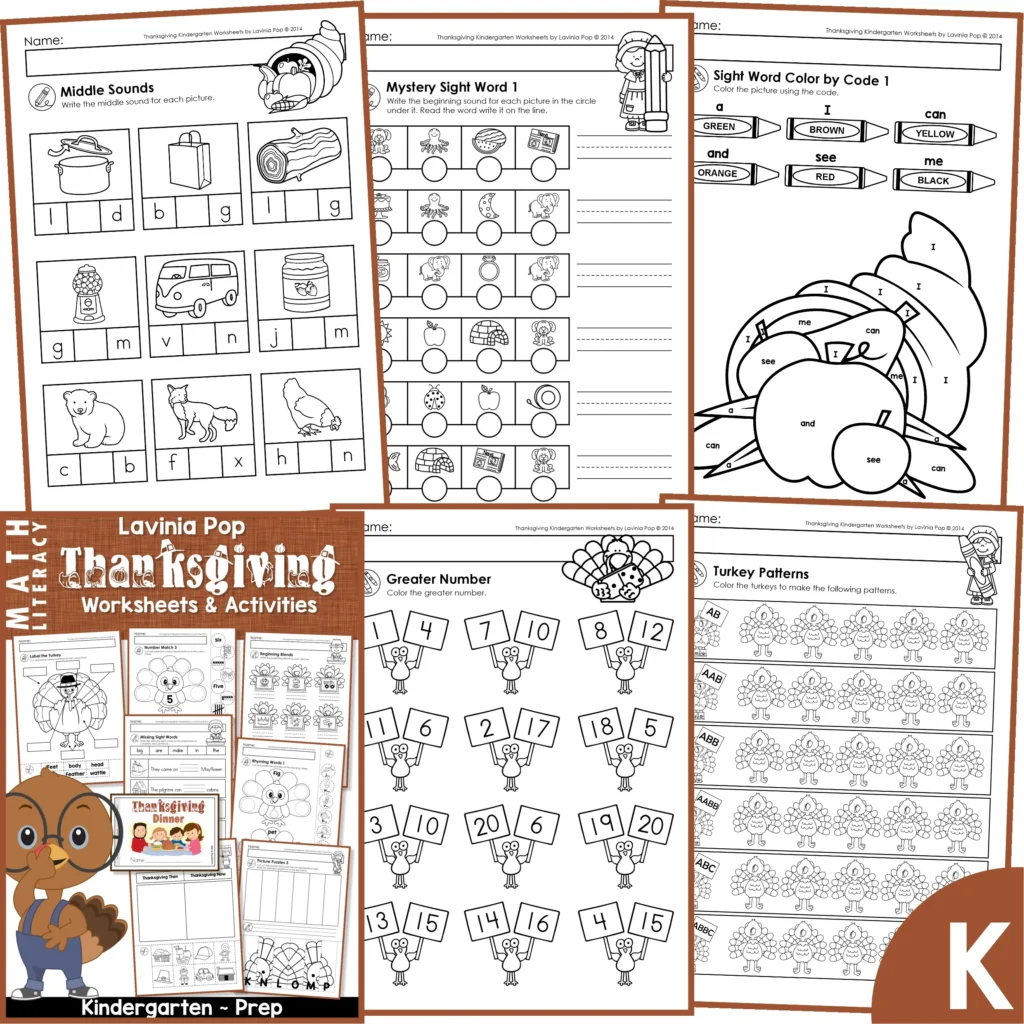 Thanksgiving Kindergarten Worksheets and Activities packet featuring middle sound phonics, mystery sight word decoding, color by sight word, greater number comparison, and turkey pattern coloring for Kindergarten and Prep learners.