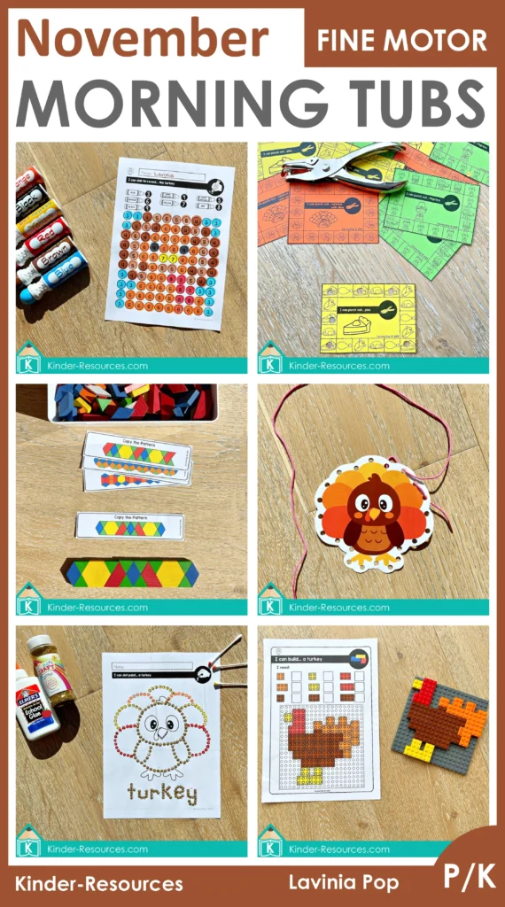 Preschool Fine Motor Printable Activities for November featuring fine motor morning tubs with Thanksgiving-themed tasks such as punch cards, dot painting, lacing, pattern blocks, and building brick activities for preschool and kindergarten.