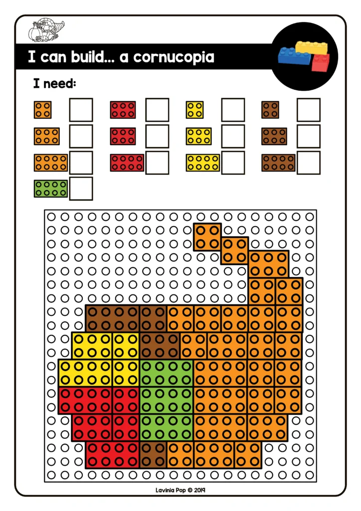 Free preschool fine motor printable for November featuring a cornucopia building bricks task card using LEGO pieces to build seasonal shapes.