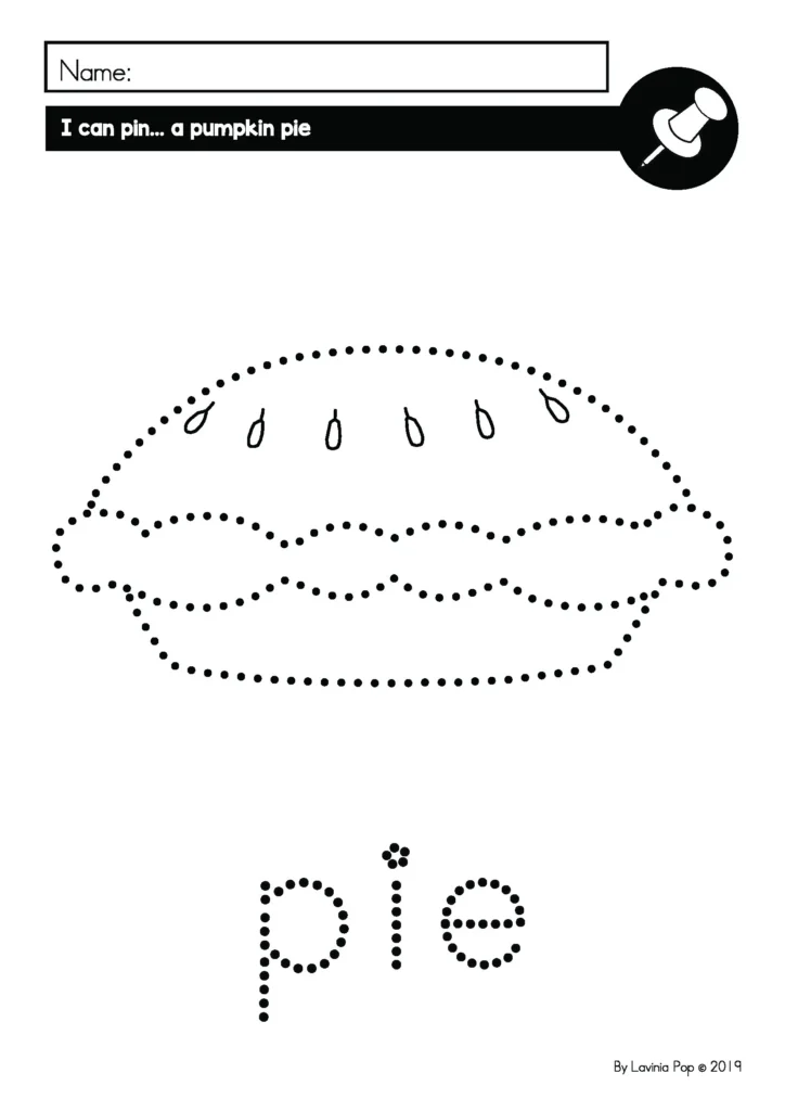 Free pokey pin fine motor printable for preschool and kindergarten featuring a pumpkin pie design for November Thanksgiving activities.