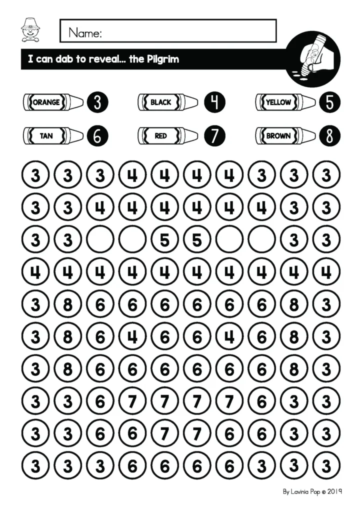 Free preschool fine motor printable for November where students use dot markers to dab and reveal a Pilgrim picture for Thanksgiving fine motor fun.