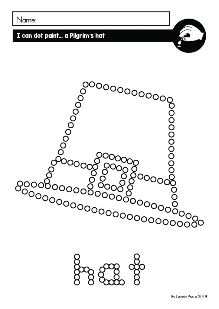 Free preschool fine motor printable for November featuring a Pilgrim hat cotton swab painting activity to strengthen pencil grip and coordination.