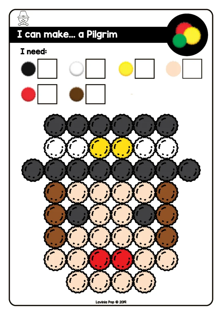 Free preschool fine motor printable for November with a Pilgrim pom-pom activity card using colored pom-poms for Thanksgiving fine motor practice.