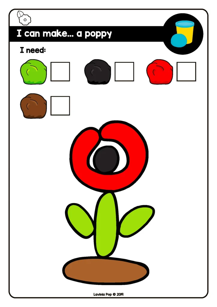 Free preschool fine motor printable for November where children use play dough to form a red poppy flower to build hand strength and creativity.