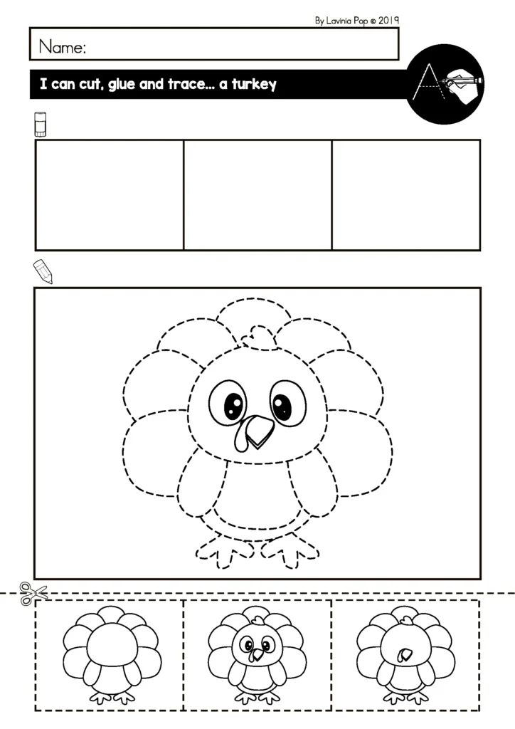 Free preschool fine motor printable for November where students cut, glue, and trace a Thanksgiving turkey picture to improve scissor and writing skills.