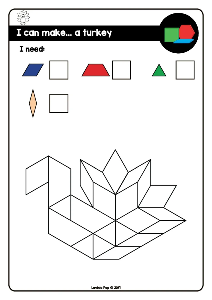 Free preschool fine motor printable for November featuring a turkey pattern block card for preschoolers to build with wooden pattern blocks.