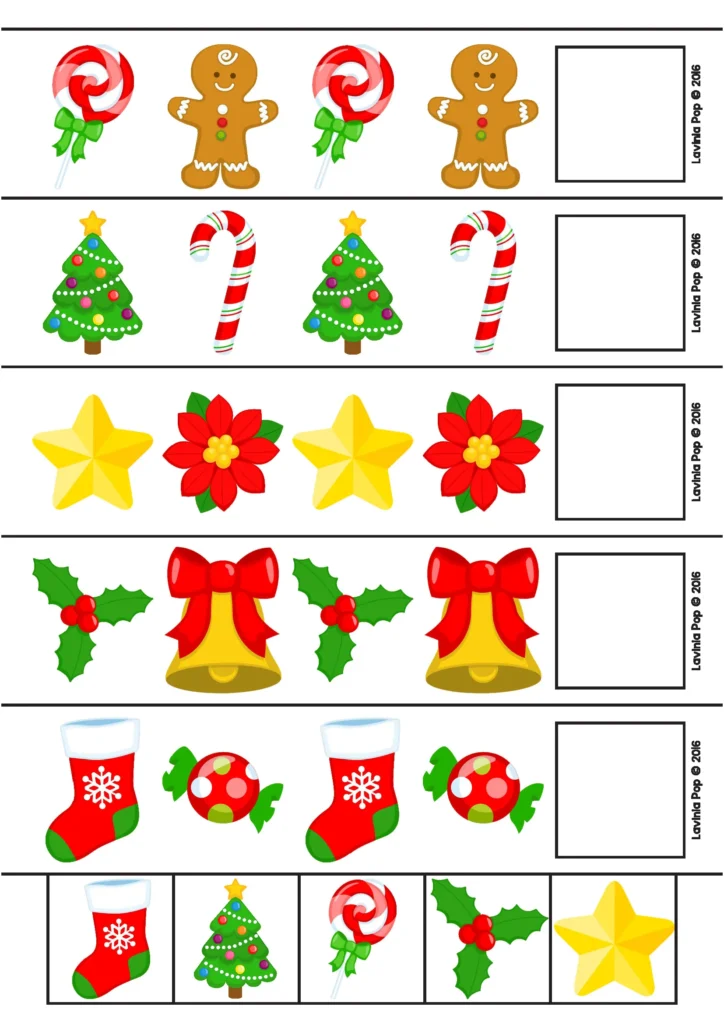 Free Christmas Center Activities pattern strips with Christmas pictures for completing visual patterns.