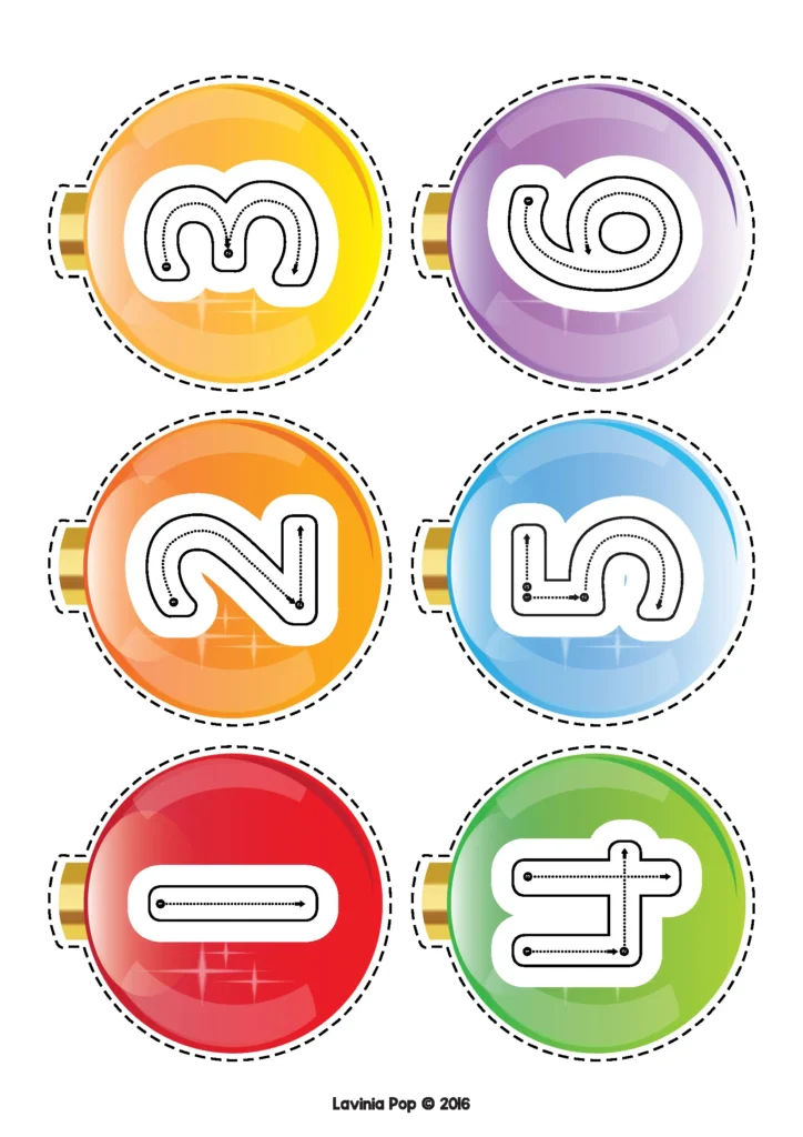 Free Christmas Center Activities ornament cards with number tracing for preschool and kindergarten.