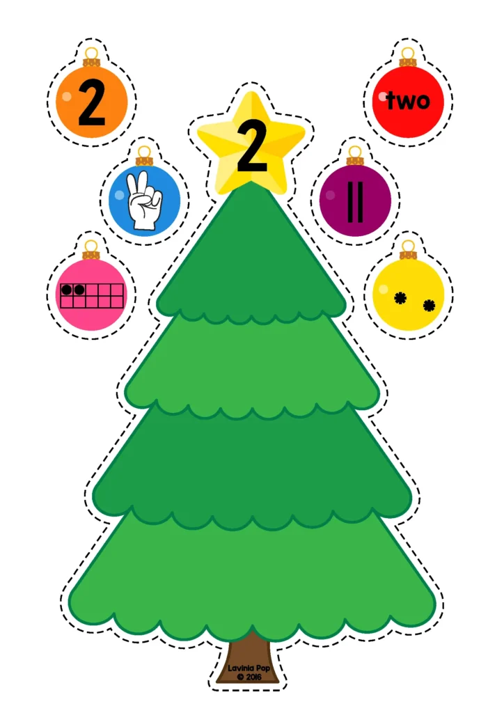 Free Christmas Center Activities number sense tree for the number 2 with matching ornaments.