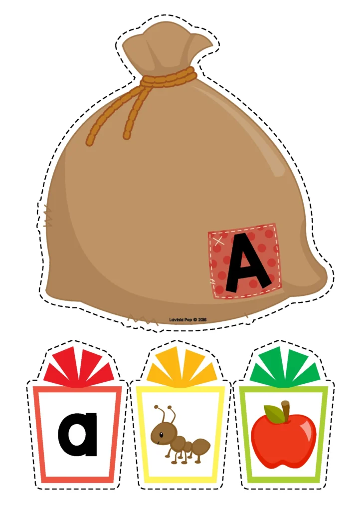 Free Christmas Center Activities Santa’s sack with alphabet and beginning sound picture cards for letter A.
