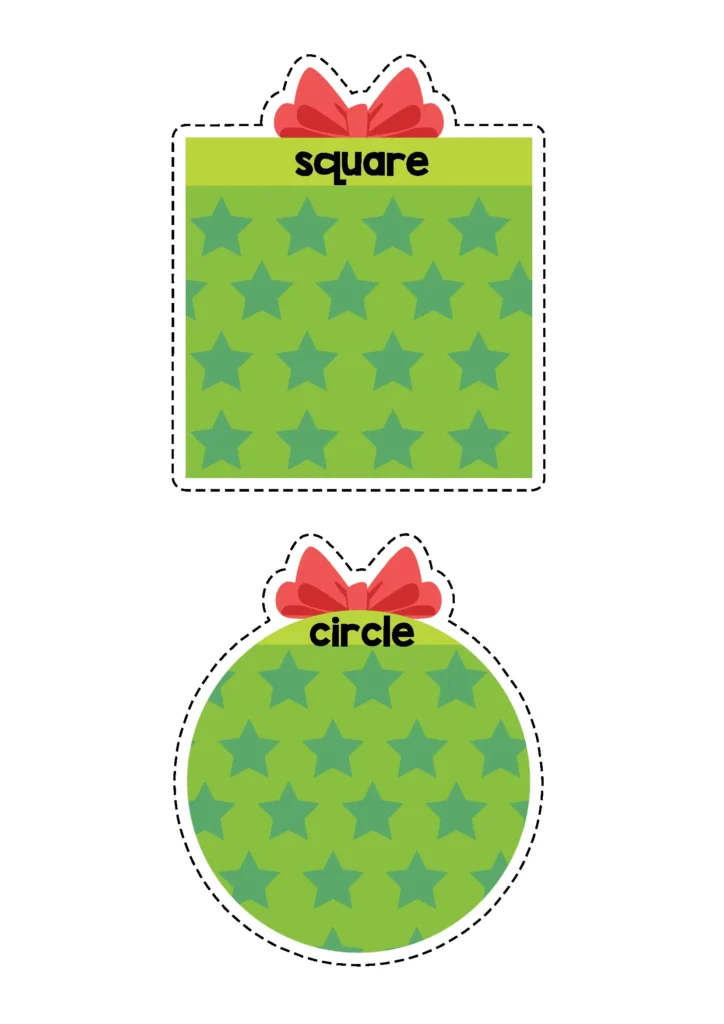 Free Christmas Center Activities shape sorting cards labeled square and circle.