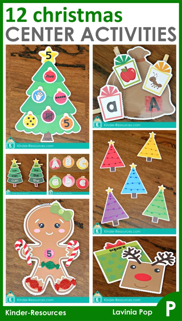 Christmas Center Activities set with number trees, Santa’s sack letter matching, color fine motor trees, sight word trees, alphabet ornaments, gingerbread counting mat, and reindeer shape cards for preschool and kindergarten.