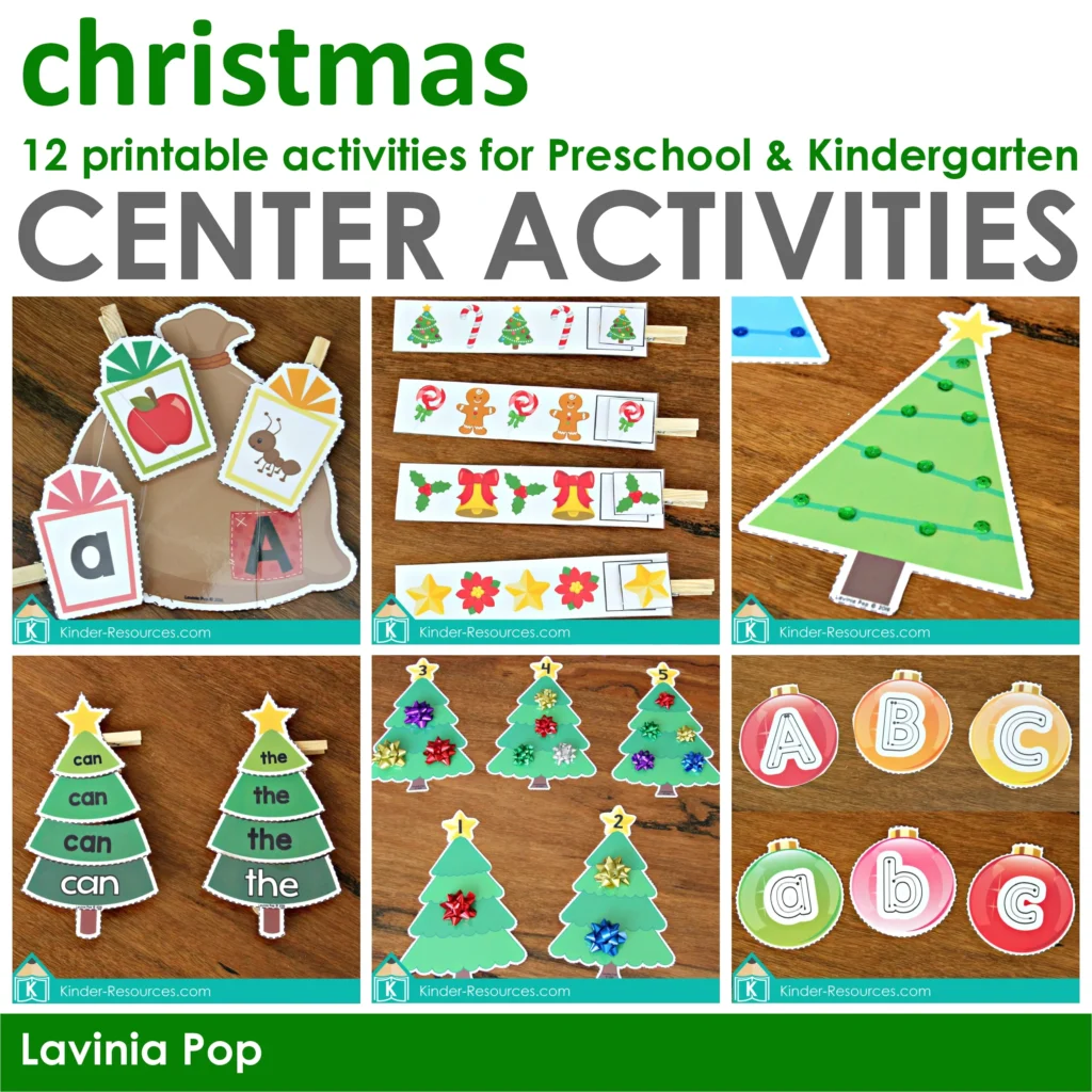 Christmas Center Activities mats with Santa’s sack letters, Christmas pattern strips, Christmas tree fine motor board, sight word trees, counting trees, and alphabet ornaments for preschool and kindergarten.