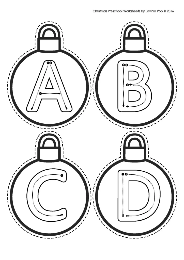 Christmas Worksheets for Preschool uppercase alphabet ornament tracing page included in the free download