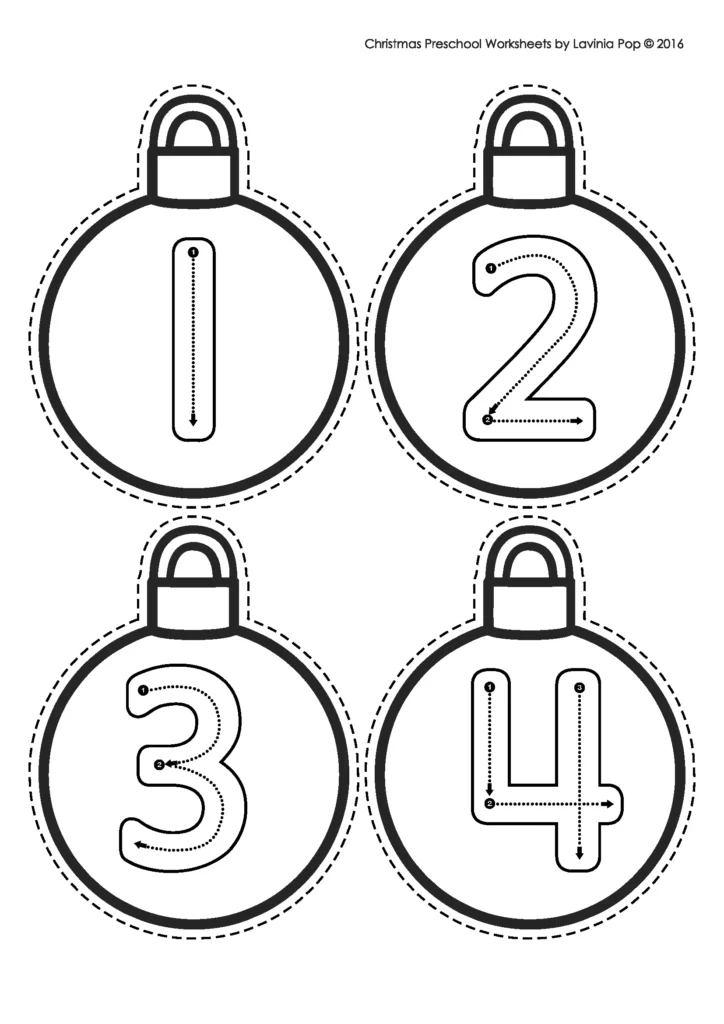Christmas Worksheets for Preschool number tracing ornament page included in the free download