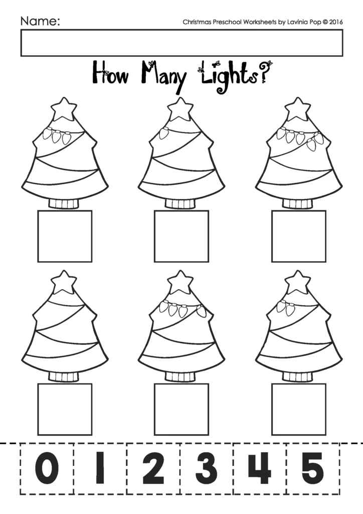 Christmas Worksheets for Preschool how many lights counting worksheet included in the free download