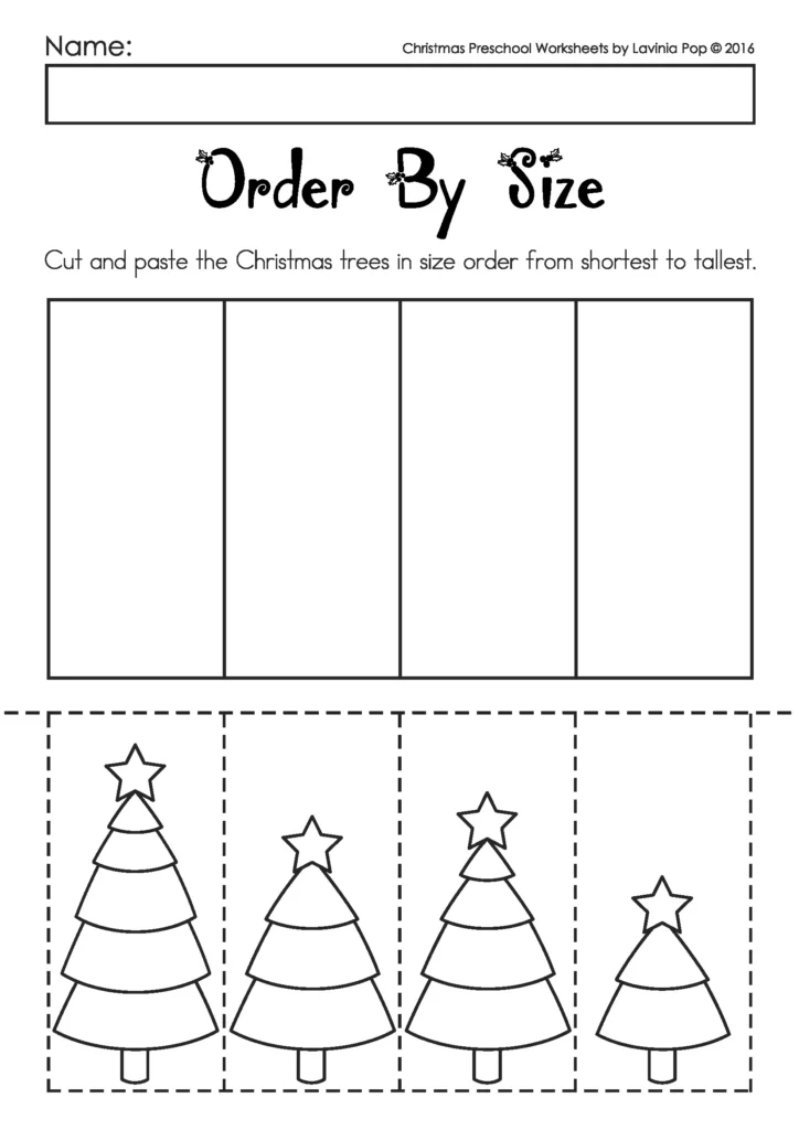 Christmas Worksheets for Preschool order by size Christmas tree cut and paste worksheet included in the free download
