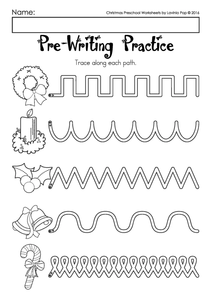 Christmas Worksheets for Preschool pre writing tracing paths worksheet included in the free download
