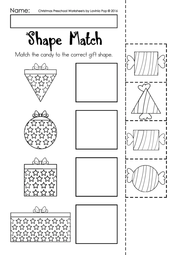Christmas Worksheets for Preschool shape matching worksheet with gift shapes and candy pieces included in the free download