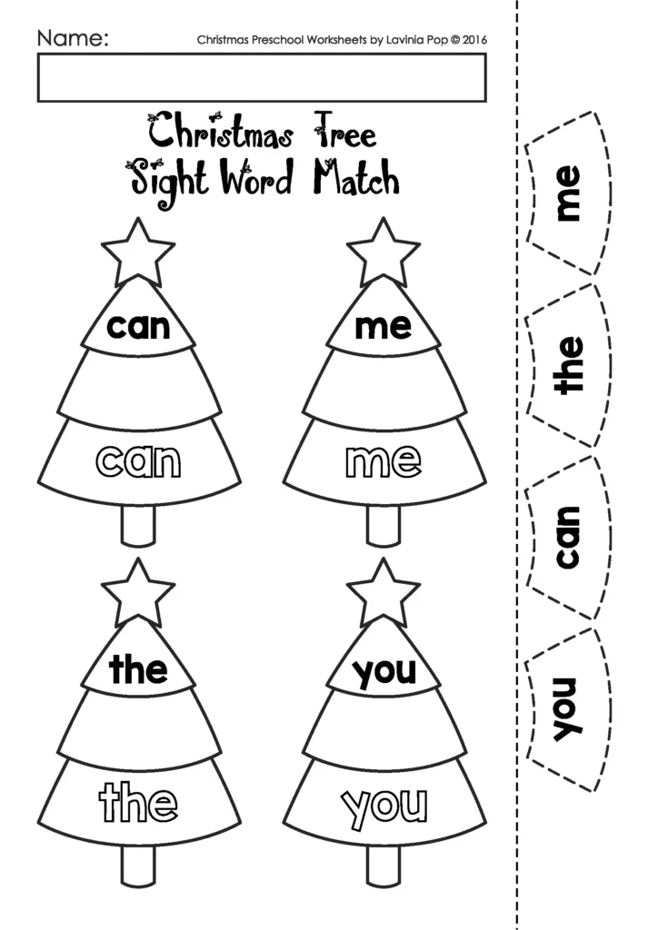 Christmas Worksheets for Preschool sight word matching page with Christmas tree cut and paste word pieces included in the free download