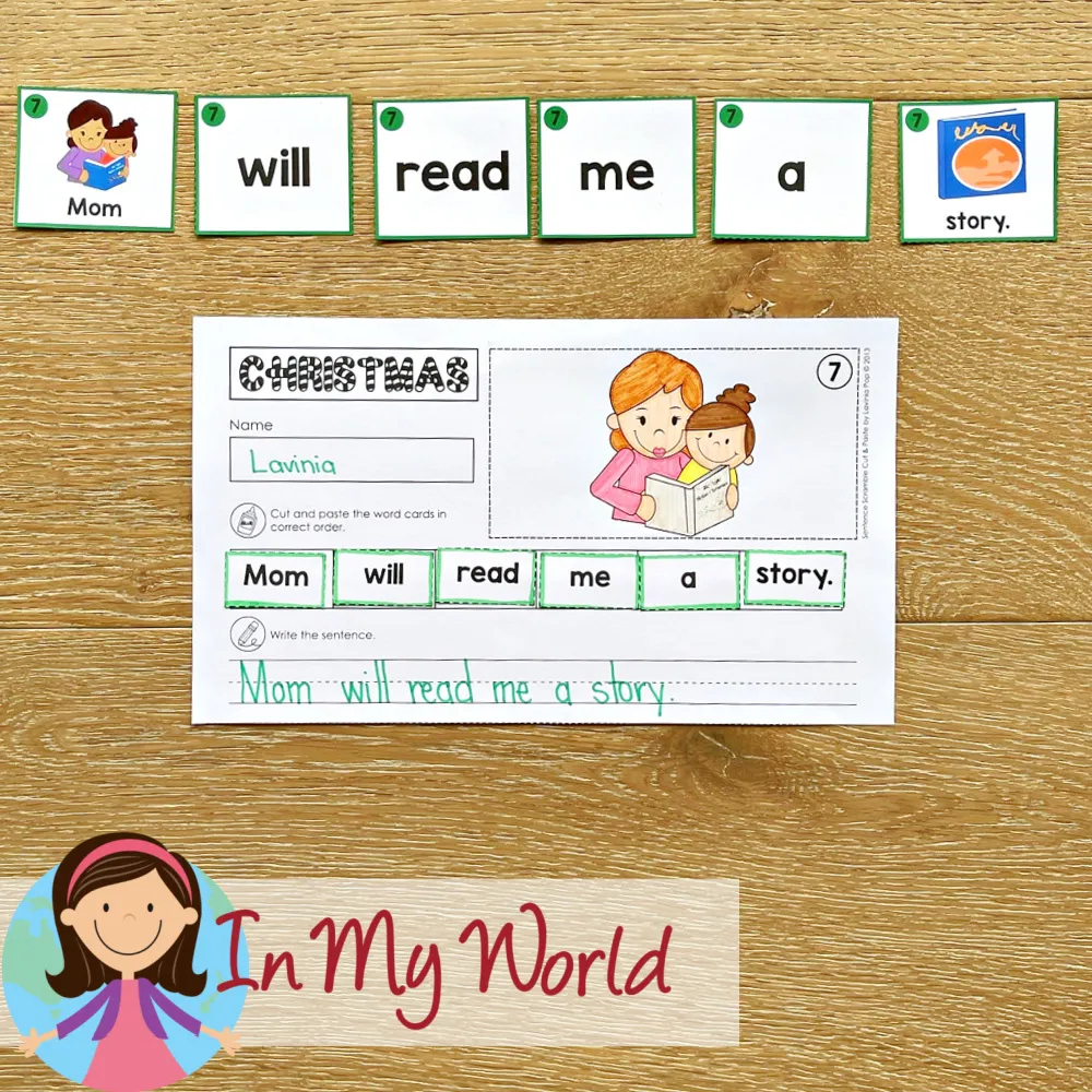 Christmas Sentence Scramble Pocket Chart Activity with picture supported word cards and completed worksheet for the sentence Mom will read me a story