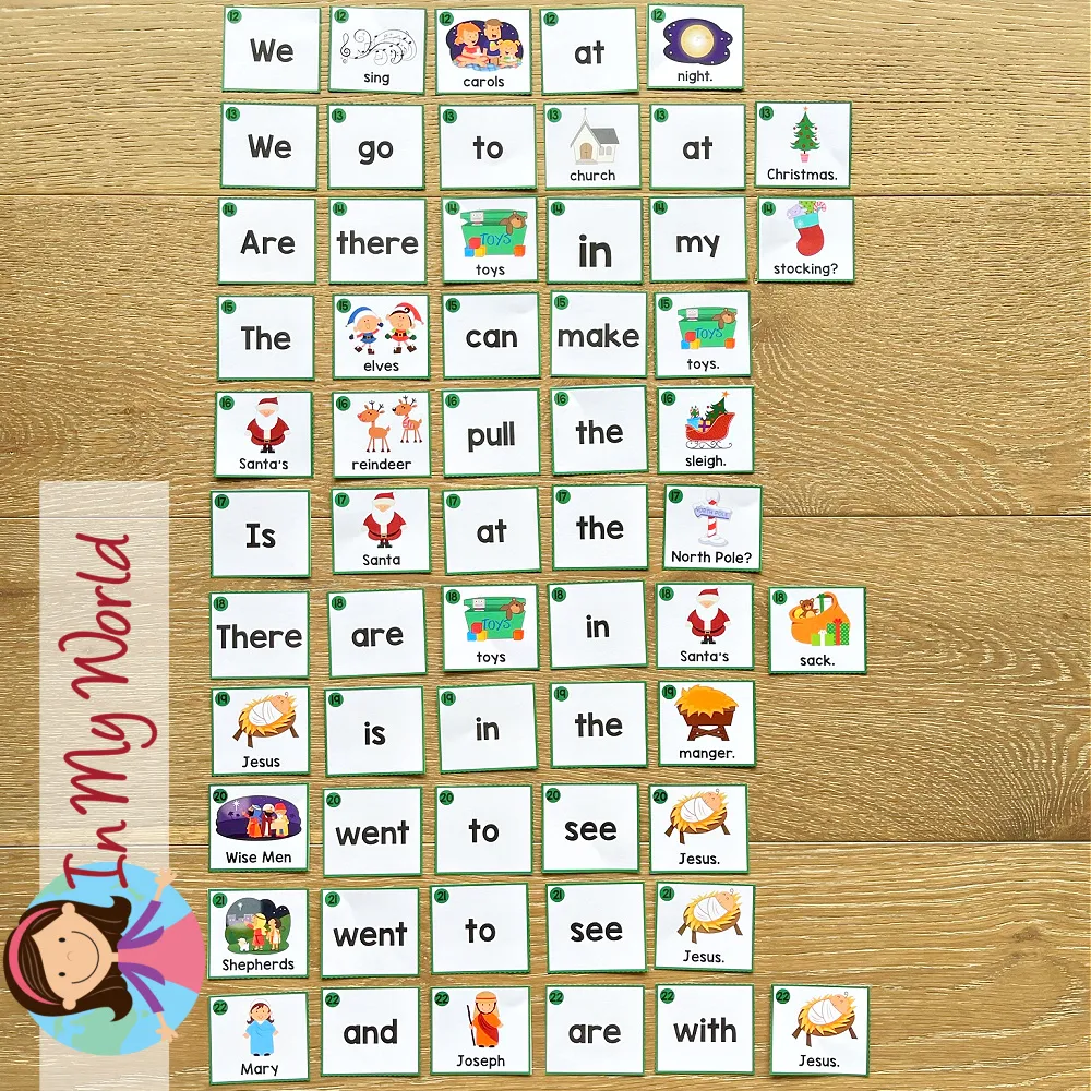 Christmas Sentence Scramble Pocket Chart Activity word cards for building simple Christmas themed sentences in literacy centers